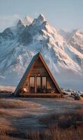 A frame cabin nestled in a serene landscape surrounded by majestic snow capped mountains nature photo