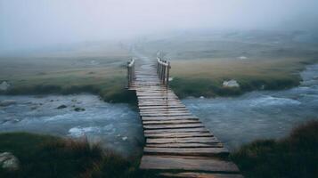 Mystical bridge crossing a river through a landscape shrouded in mist and fog serenity photo