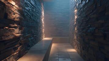 Illuminated stone walls and concrete path in a dimly lit and relaxing modern spa room photo