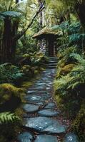 Stone path to an ancient sanctuary nestled deep in a lush green forest with abundant foliage and moss photo