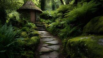 Mystical garden path leading to a quaint cottage surrounded by lush green foliage photo