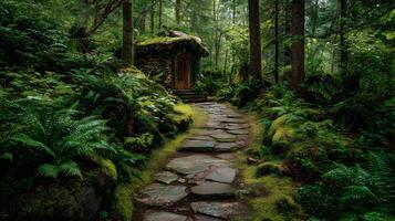 Enchanted forest path leading to a whimsical stone cottage nestled in lush greenery photo