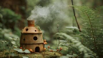 Magical fairy house in a mystical forest with smoke rising and tiny mushrooms around the base photo
