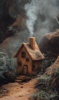 A charming miniature cottage nestled amidst verdant foliage with smoke rising from its chimney creating mystique photo