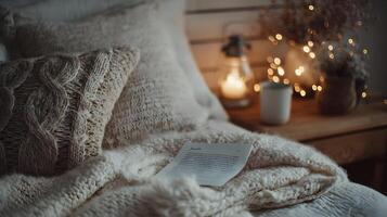 Cozy evening scene with book, pillows, blanket, and warm lights creating a relaxing atmosphere photo