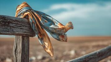 Floral scarf draped on rustic wooden fence with vast landscape under serene blue sky behind photo
