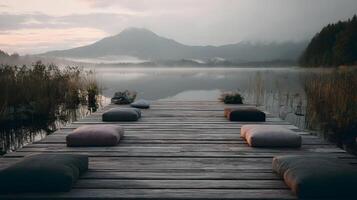 Quiet moments on a wooden pier at dawn, with a misty lake and mountains creating a peaceful scene photo