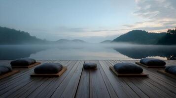 Morning tranquility awaits at lakeside meditation dock, inviting serenity and mindful reflection on water photo