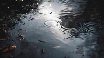 Raindrops create ripples in a puddle mirroring the sky offering a glimpse into the serene atmosphere photo