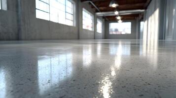 Spacious industrial interior with polished concrete floor reflecting bright window light, creating a modern atmosphere photo