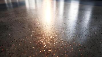 Sunlight glistens across a polished concrete floor highlighting textures and casting warm reflections upward creating a sophisticated and minimalist aesthetic photo