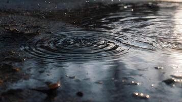 Serene raindrops falling gently into a tranquil puddle creating ripples on a smooth surface photo