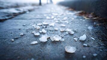 Icy sidewalk after a winter storm with melted ice and frozen puddles shimmering in the light photo