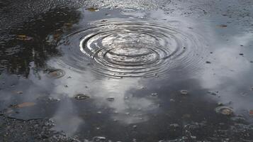 Raindrops falling create ripples in a puddle reflecting the sky adding texture to the asphalt surface photo