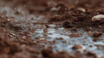 Macro shot showcasing raindrops falling on soil creating small puddles reflecting soft light, a peaceful scene photo