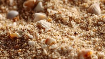 Macro shot of seashells scattered on sandy beach, close up view evoking a calming and serene mood photo