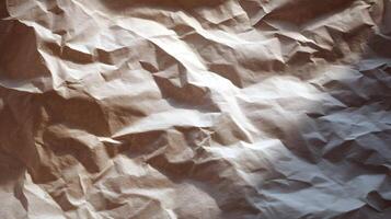 Detailed close up of crumpled beige paper with shadows creating an abstract pattern in high contrast photo