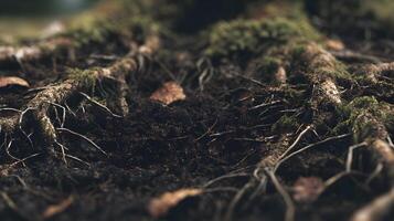 Exposed tree roots covered with green moss intertwining with soil and fallen leaves of the forest floor photo