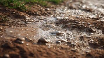 A close up view of a muddy ground with a small stream and grass showcasing natural beauty in nature photo