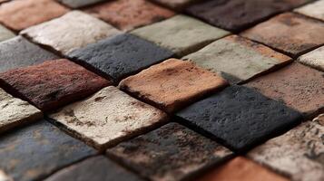 Textured square tiles creating a rustic and natural mosaic pattern in varying earthy colors and tones photo