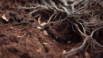 Underground network intertwined roots connect soil in an intricate web supporting plant life sustenance photo