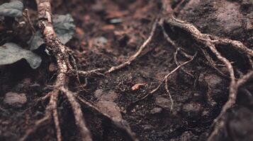 A natural close up showcasing the intricate network of roots intertwining with the rich soil texture photo