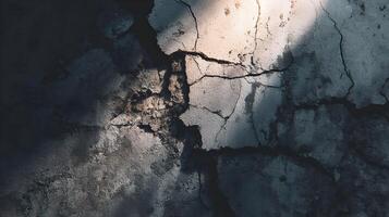 An urban decay photograph highlighting the stark contrast of light and shadow on a cracked wall surface photo