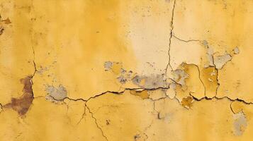 Detailed view of a weathered yellow wall showcasing cracks and peeling paint creating a rustic texture pattern photo