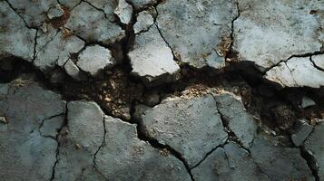 A dramatic view of a cracked concrete surface revealing soil and gravel underneath, highlighting the damage photo