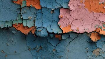 Colorful weathered layers create a captivating texture on this wall with peeling paint and visible cracks photo