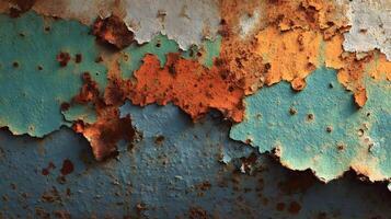 Abstract image showcasing layers of peeling paint and rust on a weathered metal surface creating texture photo