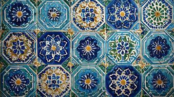 Intricate floral designs adorn octagonal tiles creating a vibrant and mesmerizing oriental mosaic pattern photo