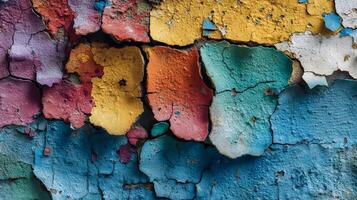 Colorful textures reveal the passage of time as aged paint peels away from a weathered surface photo