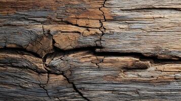 Detailed close up of a weathered wooden surface exhibiting complex textures cracks and aging effects nature photo