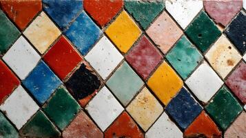Moroccan tile pattern showcasing aged ceramic diamonds creating a textured and colorful surface photo