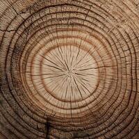 Close up view of a weathered tree stump showing its circular growth rings and detailed wood grain pattern revealing age and history photo