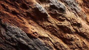 Detailed surface of brown and gray rock face showcasing intricate patterns and rugged texture elements photo