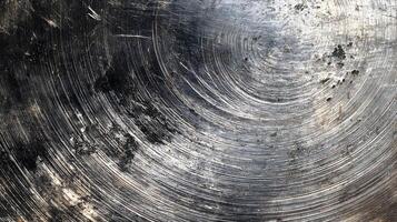 Circular metallic texture with scratches and dark spots conveying industrial roughness and abstract appeal photo