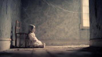 A forlorn doll sits alone in a dusty forgotten room filled with cobwebs and muted tones, evoking feelings of sadness photo