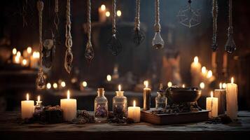 Mystical atmosphere of witch's apothecary with candles, cauldron, potions and hanging amulets creating magic spell photo