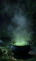 Enchanting brew simmering in cauldron amidst verdant forest ambiance, magical atmosphere illuminated by ethereal light and swirling mists photo