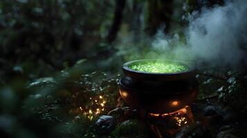 Witch's brew in a dark forest a mysterious potion bubbling under the moonlight with smoke rising up photo
