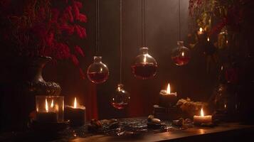 Mystical ambiance created by glowing candles and hanging glass orbs filled with red liquid photo