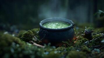 Enchanted forest cauldron brews a magical potion under the watchful eye of a curious goblin sprite photo