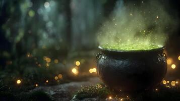 Magical potion brewing in a dark forest setting with glowing lights and bubbling green substance photo