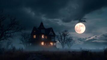 Eerie gothic mansion illuminated under a bright full moon casting shadows in a foggy landscape at twilight photo