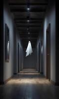 Mysterious specter floats eerily down a long hallway casting shadows in this spooky spectral scene photo