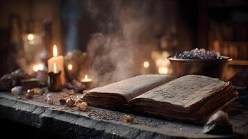 Mystical ancient open book adorned with candle light and shimmering crystals for esoteric knowledge photo