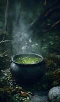 A mystical green potion bubbling in a cauldron surrounded by forest moss evoking a sense of magic and wonder in the woods photo