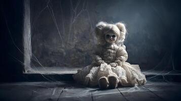 An antique doll shrouded in shadow and mystery sits amidst a web covered room creating a chilling scene photo